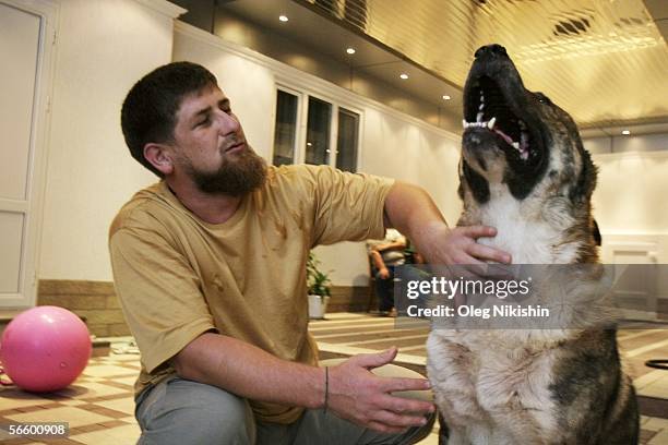 Chechen First Deputy Prime Minister Ramzan Kadyrov plays with his dog in his residence near the village of Centoroy, Chechnya, 3 August 2005. Ramzan...
