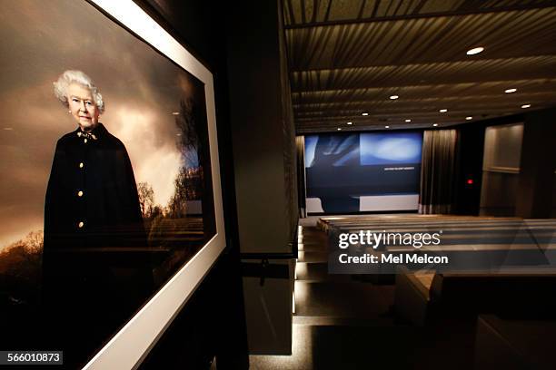 Portrait of Queen Elizabeth by photographer Annie Leibovitz is on display inside the state of the art screening room at talent agency UTA in Beverly...