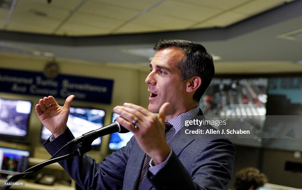 Los Angeles Mayor Eric Garcetti speaks at a news conference to mark his 100th day in office and unv