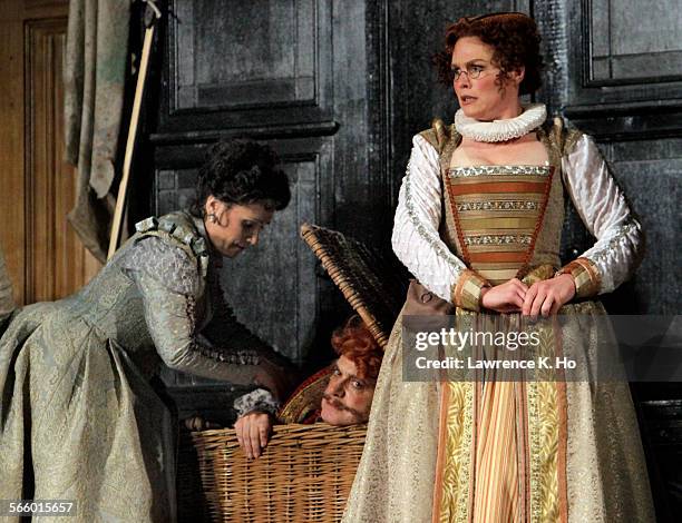 Carmen Giannattasio as Alice Ford, Roberto Frontali as Sir John Falstaff and Erica Brookhyser as Meg Page in Verdi's "Falstaff" at the Dorothy...