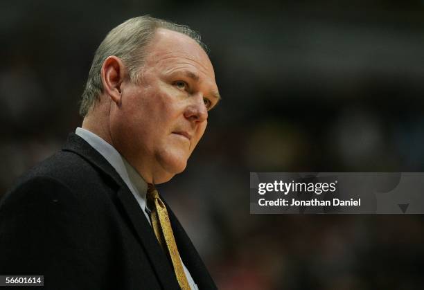 Head coach George Karl of the Denver Nuggets watches as his team comes from behind to beat the Chicago Bulls on January 16, 2006 at the United Center...