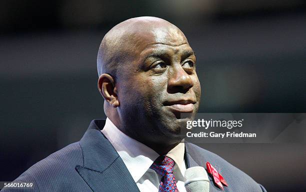 Ervin "Magic" Johnson speaks to friends and the media at a news conference on the 20th anniversary of his departure from the sport due to to...