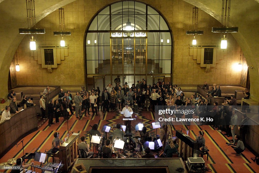 The orchestra in the dress rehearsal of the opera "Invisible Cities," in Union Station in Los Angel