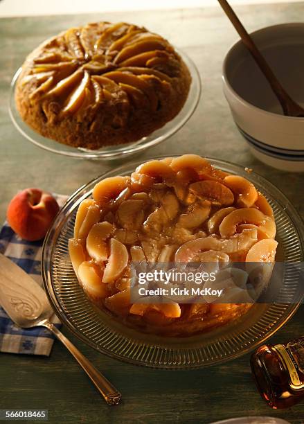 Peach Upside Down Rum Cake with a Mango coconut Upside Down Cake in the rear.