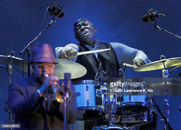 Miles Davis' nephew and drummer Vince Wilburn, Jr. And Nicholas Payton performing with the Miles Electric Band. Opening night of the Hollywood Bowl's...