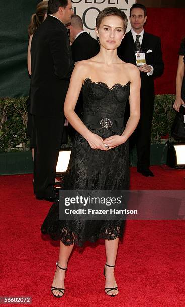 Actress Natalie Portman arrives to the 63rd Annual Golden Globe Awards at the Beverly Hilton on January 16, 2006 in Beverly Hills, California.