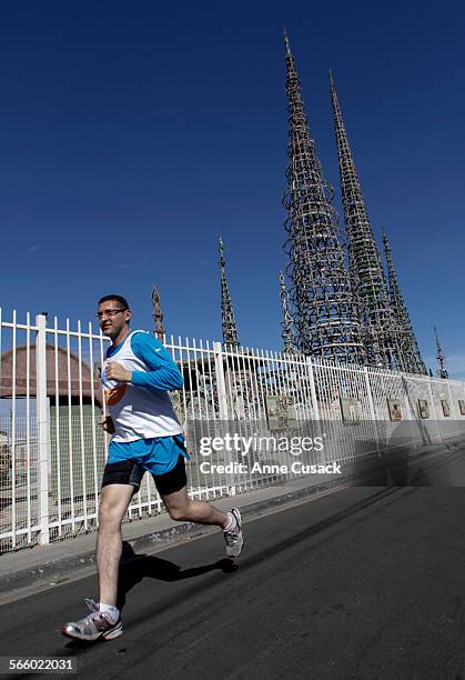 Los Angeles mayoral candidate Emanuel Pleitez arrives at the Watts Towers in the Los Angeles neighborhood of Watts as he continues his 100 mile...