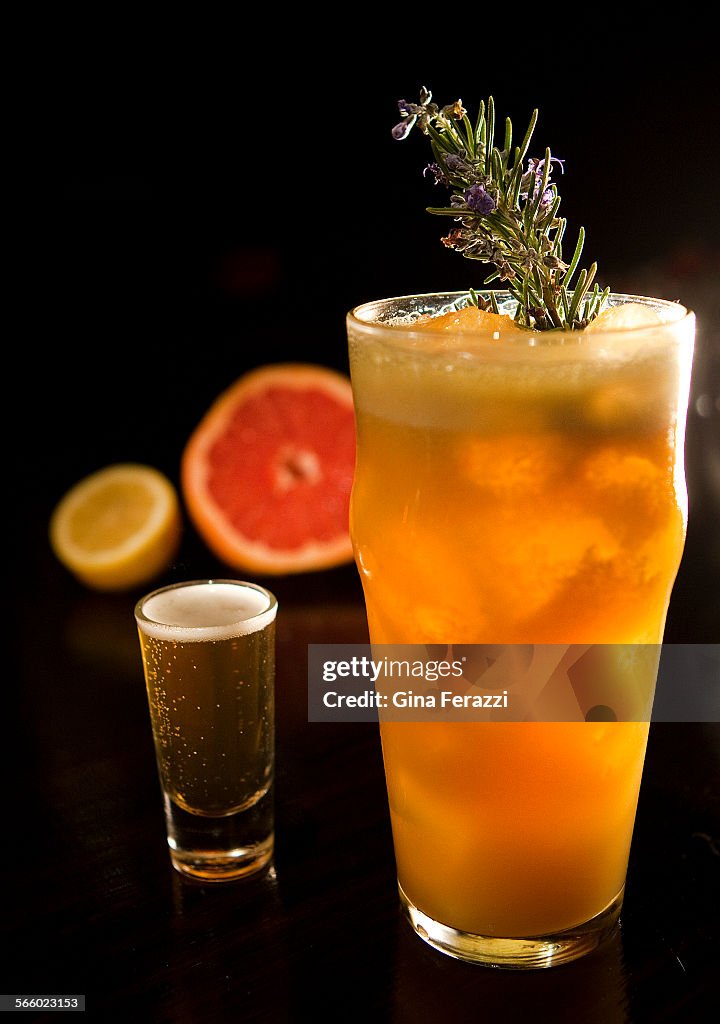 Bartender Matthew Biancaniello Hops Infused Gin cocktail at the Library Bar in the Roosevelt Hotel.