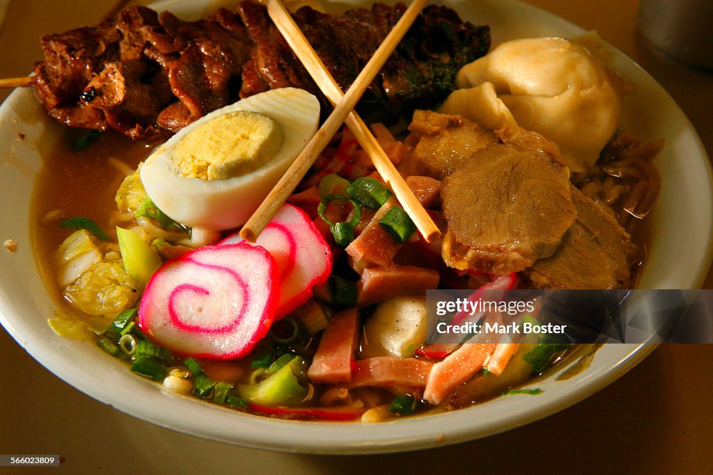 Hamura Saimin specializes in noodle bowls. The "regular" is a large bowl with lots of broth, noodle