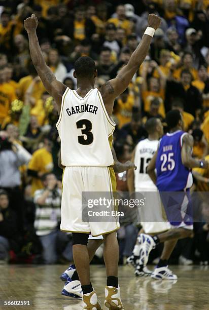 Thomas Gardner of Missouri Tigers celebrates after they defeated the Kansas Jayhawks on January 16, 2006 at Mizzou Arena in Columbia, Missouri....