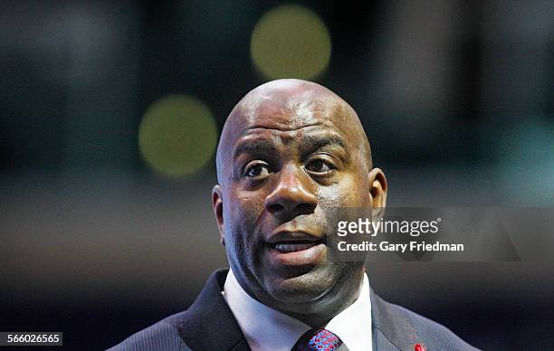 Ervin "Magic" Johnson speaks to friends and the media at a news conference on the 20th anniversary of his departure from the sport due to to...