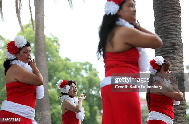 Dancers from the group "Ho 'Aloha Polynesian Dancers" perform during the 32nd Lotus Festival in Echo Park  a celebration of the people and cultures...