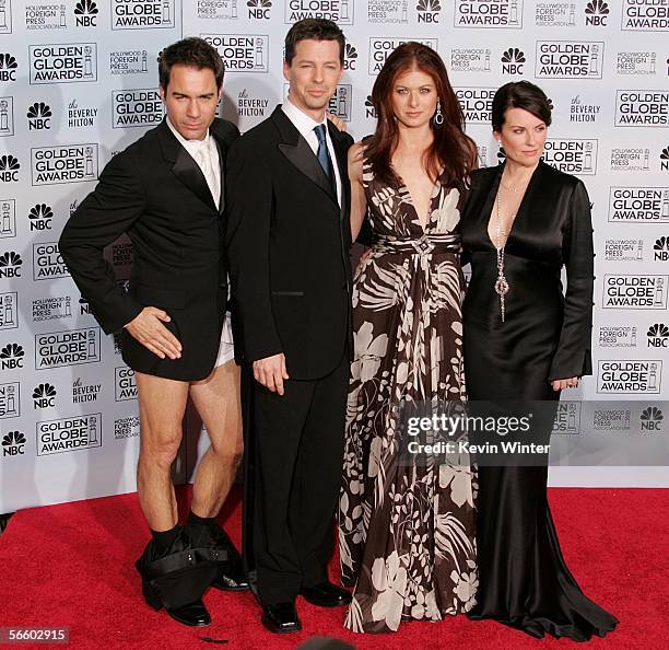 The cast of "Will & Grace" actors Eric McCormack, Sean Hayes, Debra MEssing and Meghan Mullally pose backstage during 63rd Annual Golden Globe Awards...