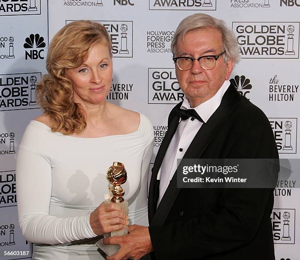 Screenwriters Diana Ossana and Larry McMurty with the award for Best Screenplay for "Brokeback Mountain" poses backstage during 63rd Annual Golden...