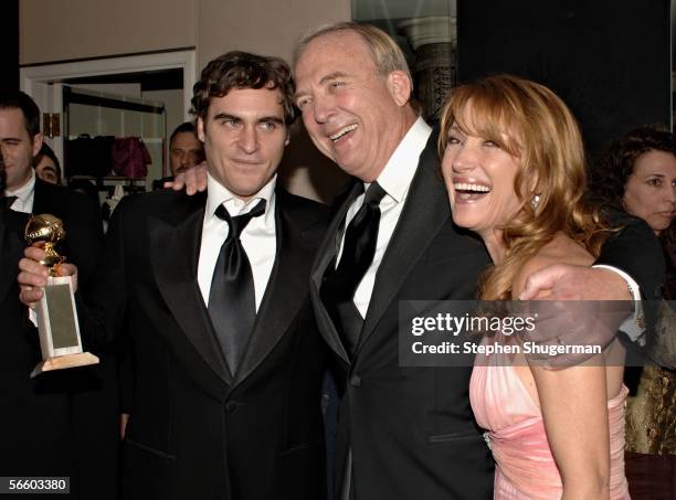 Actor Joaquin Phoenix, producer James Keach and actress Jane Seymour attend the FOX Golden Globe after party held at the Beverly Hilton on January...