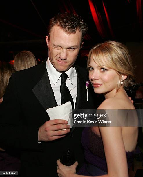 Actor Heath Ledger and actress Michelle Williams attend the Universal/NBC/Focus Features Golden Globe after party held at the Beverly Hilton on...
