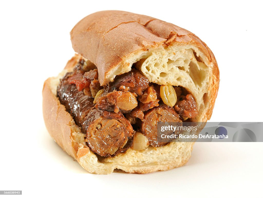 Smoked andouille sausage on housebaked pretzel roll, with caponata, from GOT KOSHER? Provisions, p