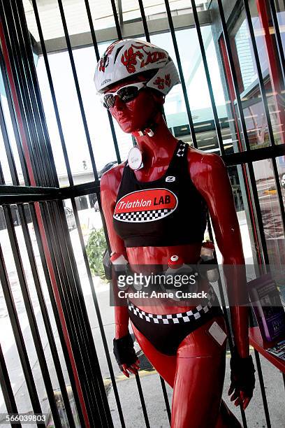 Mannequin shows off some of the gear for sale at Triathlon Lab Inc. In Santa Monica which specializes in all the gear needed for the combo races that...