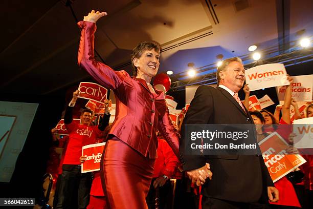 Former Hewlett-Packard CEO Carly Fiorina, expected Republican party winner of the U.S. Senate primary thanks supporters on election night at the...