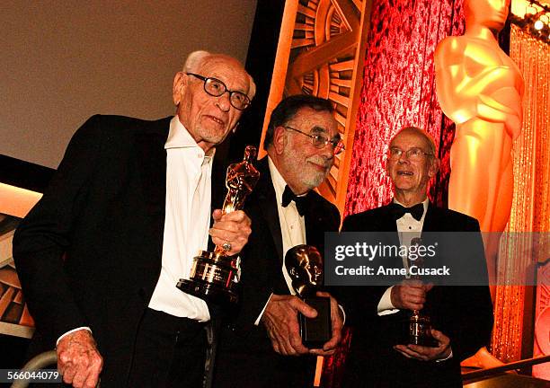 To R Eli Wallach, Francis Ford Coppola and Kevin Brownlow pose with their respective awards at the second annual 2010 Governors Awards in the grand...