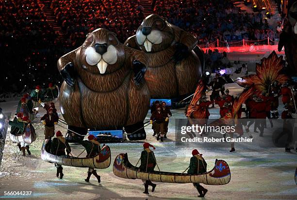 Beavers, canoers and dancing maple leafs fill the infield at BC Place during closing ceremonies for the Vancouver 2010 Winter Olympics.