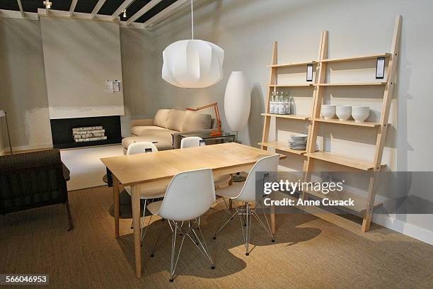 Eames molded plastic side chair in white by Herman Miller for $249 with Oslo Extension Dining Table in soldid maple for $1,199.00 in the new 36,400...