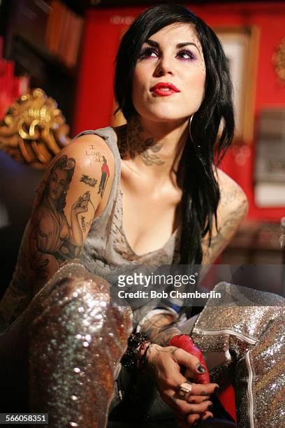 Tattoo artist Kat Von D in her office at "High Voltage" tattoo studio on La Brea between filming scenes for "LA Ink" on Thursday October 02, 2008.