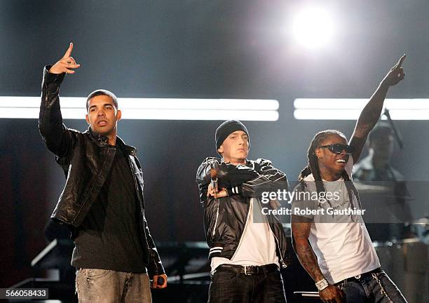 Drake, Eminem and Lil Wayne perform together during the Grammy show. 52nd Annual GRAMMY¨ Awards January 31, 2010 at the STAPLES Center in Los...