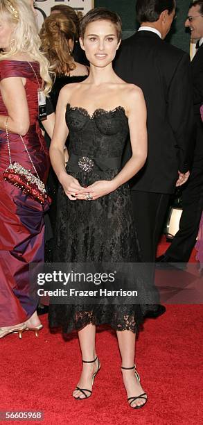 Actress Natalie Portman arrives to the 63rd Annual Golden Globe Awards at the Beverly Hilton on January 16, 2006 in Beverly Hills, California.
