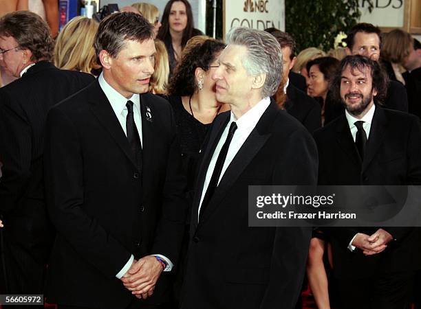 Actor Viggo Mortensen and director David Cronenberg woth director Peter Jackson arrive to the 63rd Annual Golden Globe Awards at the Beverly Hilton...