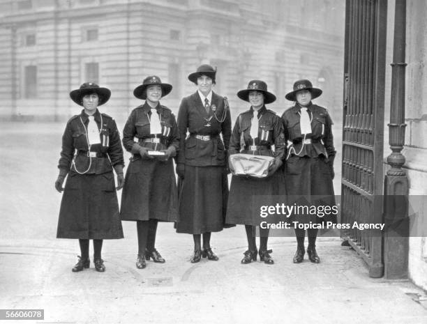 Olave Baden-Powell and a deputation of girl guides arrive at Buckingham Palace with a present for Princess Mary, February 1922.