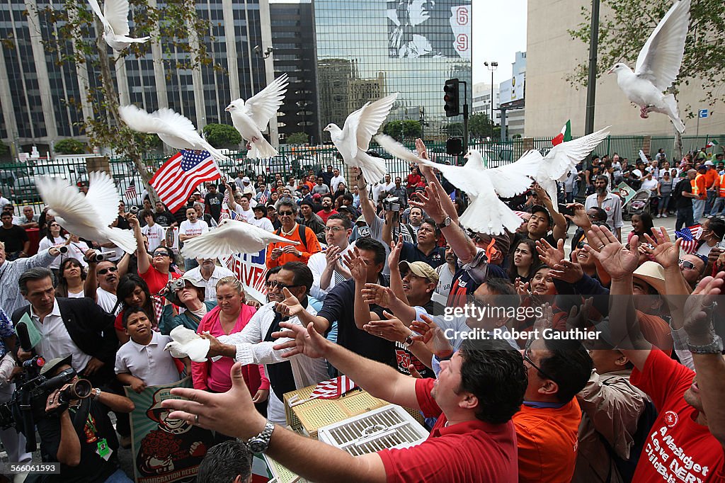 (Los Angeles, CA  Friday, May 1, 2009) May Day march organizers and politician Gil Cedillo release