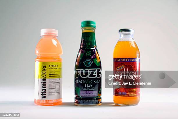 New health drinks with crystalline fructose, Vitamin Water "brelaxed," Fuze "black & Green tea," and Snapple's "red tea," photographed in the L.A....