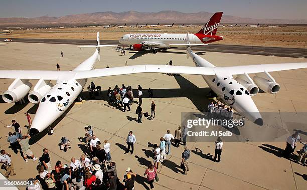 Overhead view of the twin fuselage composite plane named Eve as British billionaire Richard Branson and famed aircraft designer Burt Rutan unveiled a...