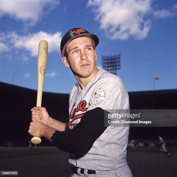 Thirdbaseman Brooks Robinson, of the Baltimore Orioles, poses for a portrait prior to a game in 1964 against the Detroit Tigers at Tiger Stadium in...