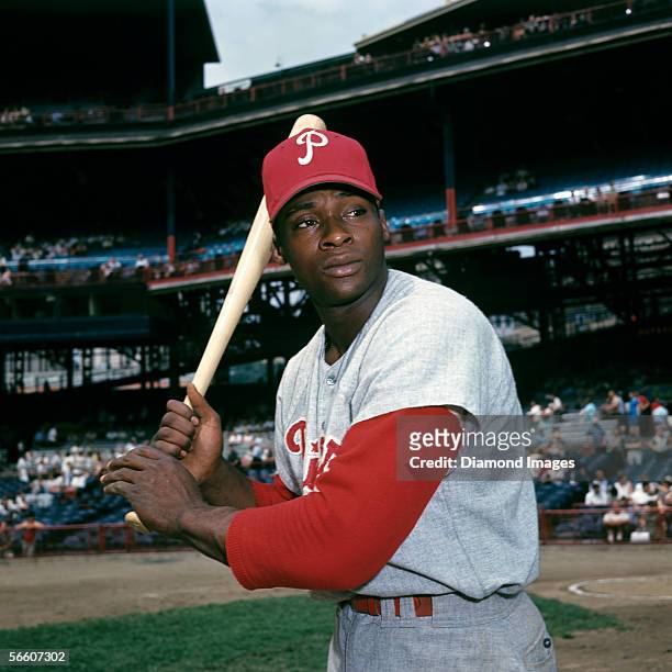 Richard "Dick" Allen, of the Philadelphia Phillies, poses for a portrait prior a game in 1966 against the Cincinnati Reds at Crosley Field in...