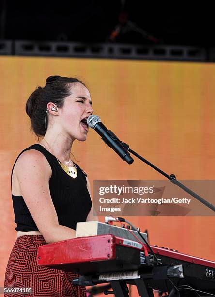 Mexican Pop and Rock musician Ximena Sarinana plays keyboards as she performs with her band during the closing concert at the 16th Annual Latin...