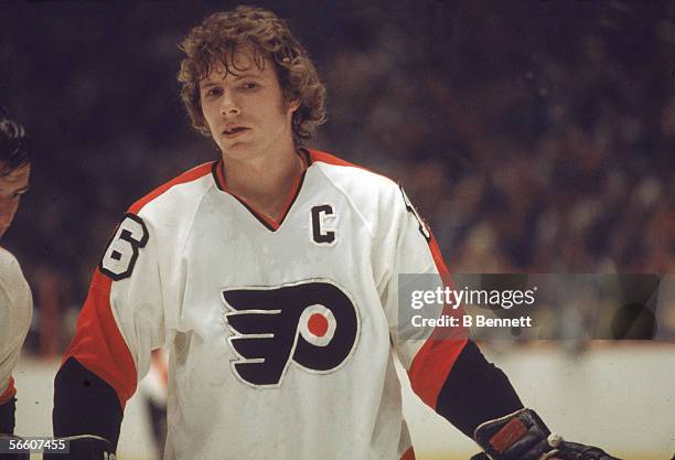 Portrait of Canadian pro hockey player Bobby Clarke of the Philadelphia Flyers on the ice during a home game, Philadelphia, Pennsylvania, 1970s.