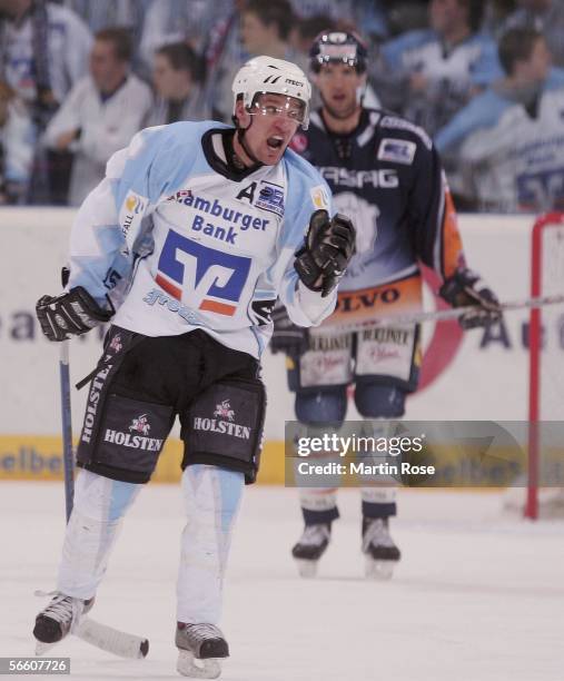 Benoit Gratton of Hamburg reacts during the DEL Bundesliga match between Hamburg Freezers and Eisbaeren Berlin at the Color Line Arena on January 17,...