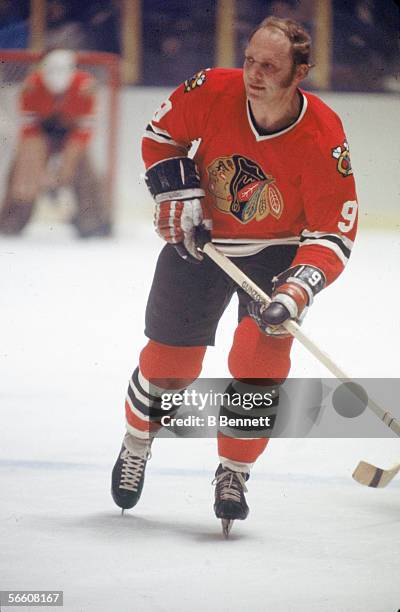 Canadian professional hockey player Bobby Hull of the Chicago Blackhawks on the ice, 1960s.