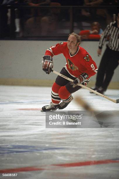 Canadian professional hockey player Bobby Hull of the Chicago Blackhawks on the ice, 1960s.