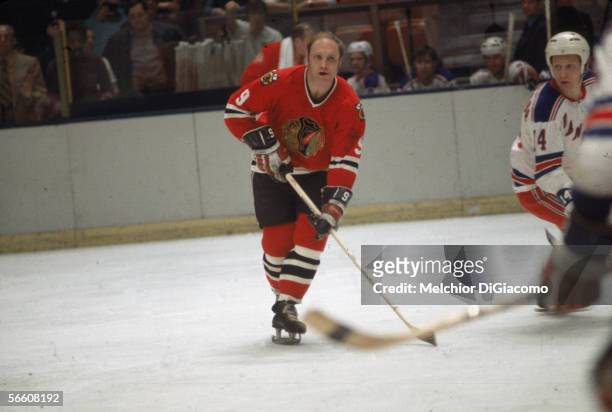 Canadian professional hockey player Bobby Hull of the Chicago Blackhawks on the ice during a game against the New York Rangers, 1960s.