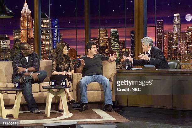 In this NBC handout photo, American Idol judges Randy Jackson, Paula Abdul, Simon Cowell, talk with Jay Leno during the taping of the "Tonight Show...
