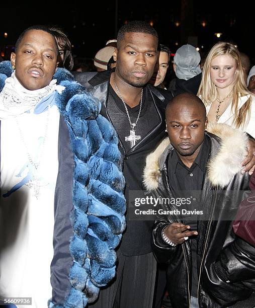 Mase, 50 Cent and Havoc arrive at the UK Premiere of 'Get Rich Or Die Tryin'' at the Empire Leicester Square on January 17, 2006 in London, England.