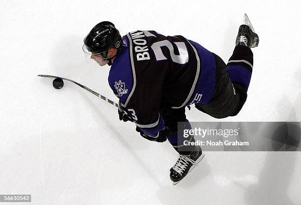 Dustin Brown of the Los Angeles Kings shoots during warmups before the game against the Tampa Bay Lightning on January 17, 2006 at the Staples Center...