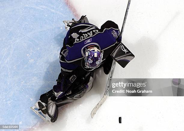 Mathieu Garon of the Los Angeles Kings makes a save during warmups before the game against the Tampa Bay Lightning on January 17, 2006 at the Staples...