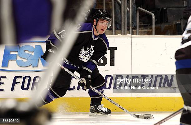 Michael Cammalleri of the Los Angeles Kings looks for an open teammate to pass to against the Tampa Bay Lightning on January 17, 2006 at the Staples...