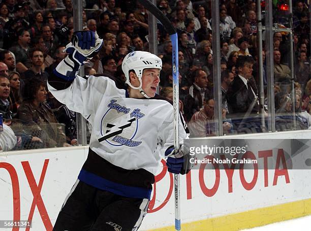 Ruslan Fedotenko of the Tampa Bay Lightning celebrates after scoring a goal against the Los Angeles Kings on January 17, 2006 at the Staples Center...