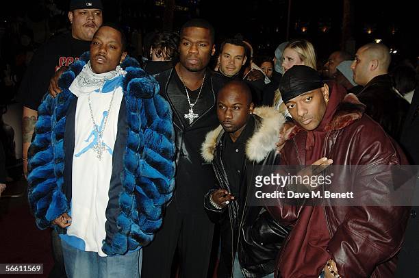 Cent and artist Mase and Mobb Deep arrive at the UK premiere of "Get Rich Or Die Tryin'" at the Empire Leicester Square on January 17, 2006 in...