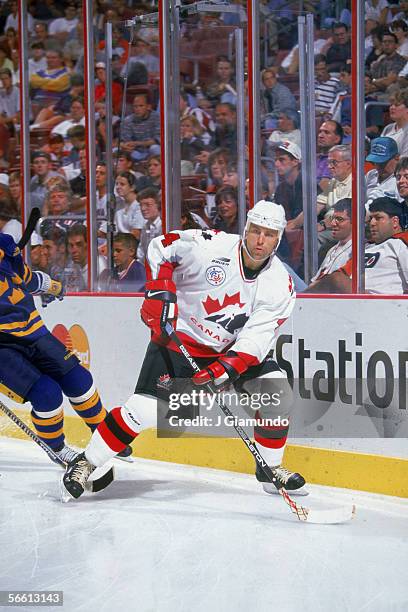 Canadian hockey player Scott Stevens of Team Canada on the ice during a semi-game against Sweden at the World Cup of Hockey, Philadelphia,...